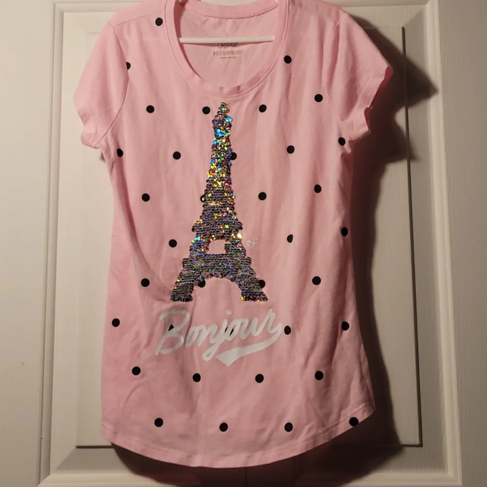 Justice Girls 10 Eiffel Tower glitter sparkly sequin pink Tshirt